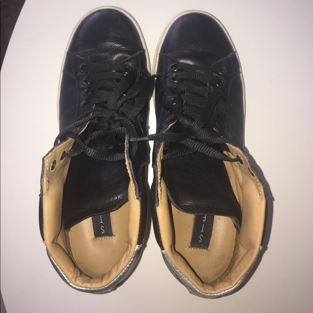 Steven black leather sneaker wedges